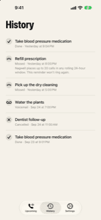 Night Call History screen: past calls listed, each marked with its outcome and date.
