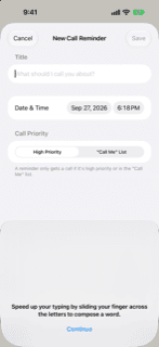 Night Call New Call Reminder sheet: a title field asking 'What should I call you about?', a date and time, and a choice between High Priority and the Call Me list.
