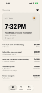 Night Call Upcoming screen: a 'Next call' card with the large time of the next scheduled call, a plus button to add one, and upcoming reminders listed below.